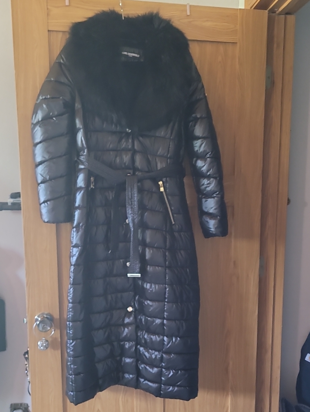Karl Lagerfeld Black Long Quilted Puffer Coat with Faux Fur Collar